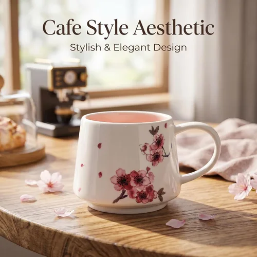 Miniatura 6 de DUSVALLY Taza de café floral de cerezo de 12 onzas, taza de cerámica con asa, apta para microondas y lavavajillas, taza de regalo rosa para mujer