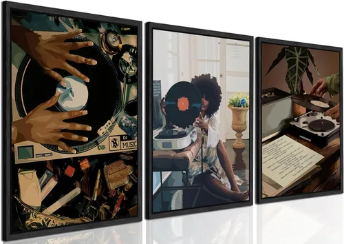 Arte de pared de niña negra, impresiones modernas de pintura de mujer negra, juego de 3 pósteres de tocadiscos de música afroamericana, lienzo para