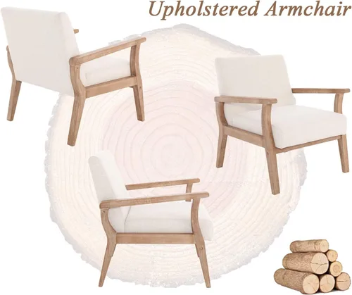 Miniatura 9 de Juego de 2 sillas decorativas beige, sillas modernas de mediados de siglo para sala de estar, dormitorio, sillón con marco de madera, silla auxiliar