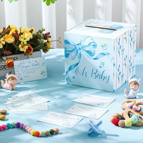 Miniatura 5 de Funrous 51 boletos para rifa de pañales con caja para invitaciones de juegos de baby shower, tarjeta de rifa de pañales para revelación de género