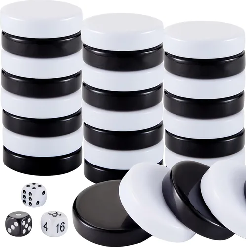 Skylety 30 piezas de backgammon piezas de damas, 1.25 pulgadas de repuesto de fichas de juego de mesa con 5 dados (negro y blanco)