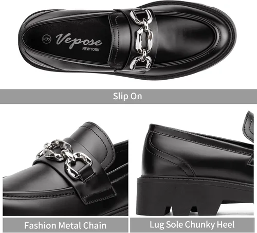 Miniatura 4 de Vepose Mocasines casuales de plataforma 8081 para mujer, mocasines negros con punta redonda