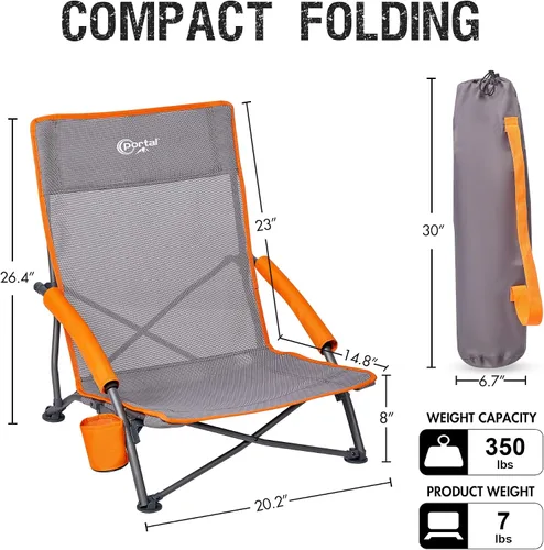 Miniatura 3 de PORTAL Sillas de Playa para Adultos, Camping, Bajas, Ligeras, Portátiles con Soporte para Tazas, Respaldo de Malla, Bolsa de Transporte para Arena