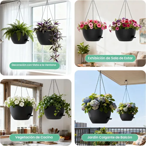 Miniatura 6 de UOUZ Paquete de 2 macetas colgantes grandes de 13 pulgadas con riego automático para plantas de interior y exterior, macetas colgantes con depósito