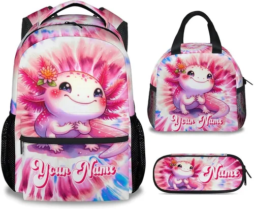 Miniatura 12 de UNIKITTY Mochila para niños con nombre personalizado, juego de 3 piezas con bolsa de almuerzo y estuche para lápices, bolsa escolar de 17 pulgadas