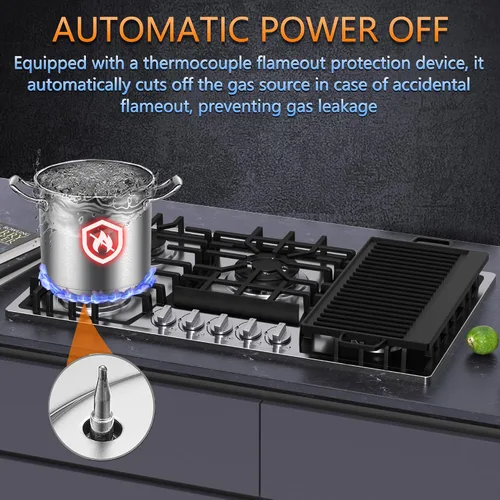 Miniatura 3 de Cocina de gas integrada de 30 pulgadas, 5 quemadores sellados Italia SABAF de gas 41,800BTU, convertible a NG/LPG, estufa de gas de acero inoxidable