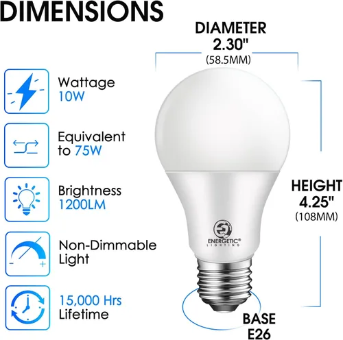 Miniatura 2 de Energetic - Bombilla LED A19 equivalente a 75 W, blanco cálido, 3000 K, 1200 lúmenes, certificación UL, base estándar E26, bombilla LED no 3000K