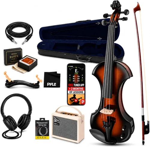 Pyle Violín eléctrico silencioso 4/4 con kit de amplificador, violín de madera maciza con amplificador de 10 W y accesorios completos, instrumento