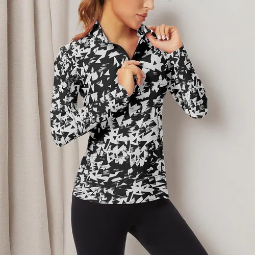 Miniatura 7 de WOWENY Camiseta deportiva de manga larga para mujer, con cremallera de un cuarto, cuello para entrenamiento, camiseta de tenis con estampado