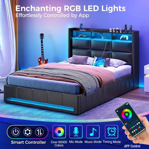 Miniatura 3 de Rolanstar Marco de cama individual con almacenamiento elevable, estación de carga y luces LED, cabecero tapizado con almacenamiento, listones