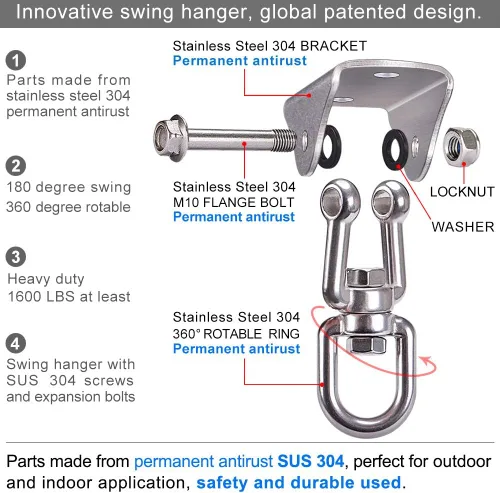 Miniatura 4 de SELEWARE Colgador de columpio de acero inoxidable resistente para techo Montaje en techo con giro libre Gancho de columpio Kit de accesorios