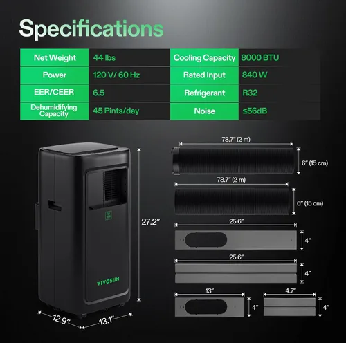 Miniatura 7 de VIVOSUN AeroLush C08 - Aire acondicionado inteligente, 8000BTU, función 4 en 1, con sonda de sensor de temperatura y humedad, control remoto