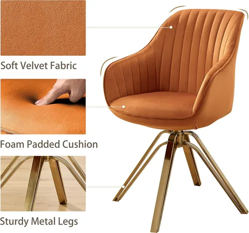 Miniatura 4 de Art Leon Silla giratoria moderna de mediados de siglo, silla de escritorio sin ruedas, sillón tapizado de tela con patas doradas, silla