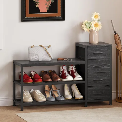 EXOTICA Banco de entrada de 3 niveles con almacenamiento para zapatos, banco con 4 cajones de tela, marco metálico y tablero de madera, zapatero con