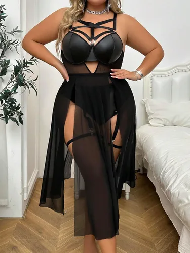 Miniatura 4 de Floerns Vestido de lencería de malla largo sin mangas con encaje sexy para mujer, talla grande