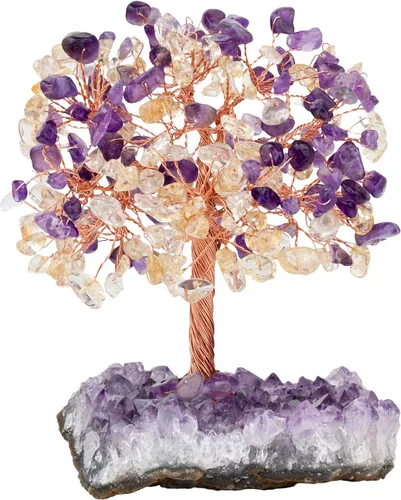 Miniatura 10 de mookaitedecor Árbol de cuarzo rosa natural, cuarzo de roca y cristal citrino con base de cristal de racimo de amatista, figuras de árbol de dinero