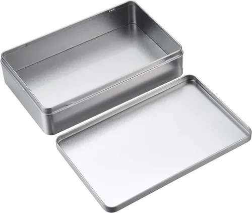 Miniatura 5 de Hotop 1 paquete de cajas de lata vacías rectangulares plateadas de 8.5 por 5.3 por 1.9 pulgadas, regalo, joyería y kit de lata de almacenamiento
