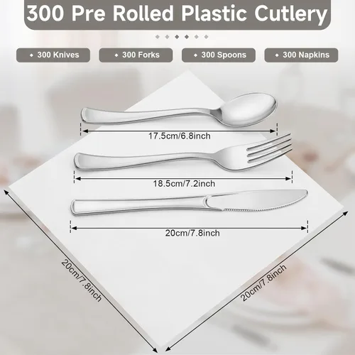 Miniatura 2 de Juego de cubiertos de plástico plateado preenrollado, paquete de 300 cubiertos de plástico envueltos con servilletas, tenedores, cuchillos