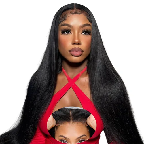 Miniatura 9 de mengkai Pelucas de cabello humano de 32 pulgadas con encaje frontal de 13x6, cabello humano predesplumado liso, peluca frontal de encaje HD
