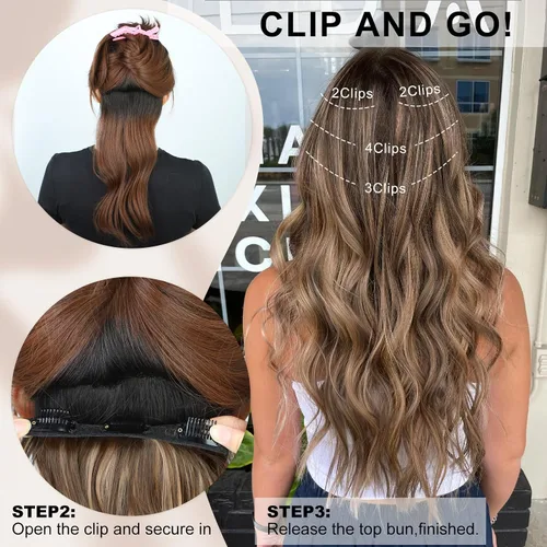 Miniatura 4 de ALXNAN Extensiones de cabello, 4 extensiones de cabello con clip, 20 pulgadas, marrón mezclado con rubio caramelo, largo, ondulado, natural, suave