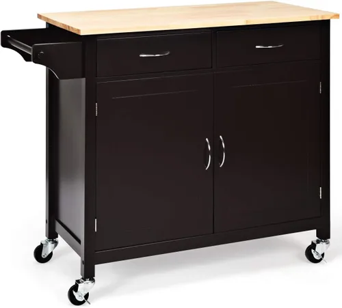 Miniatura 9 de Giantex Isla de cocina, carrito de cocina rodante, encimera de madera, carrito de servicio utilitario con armario de almacenamiento y 2 toalleros