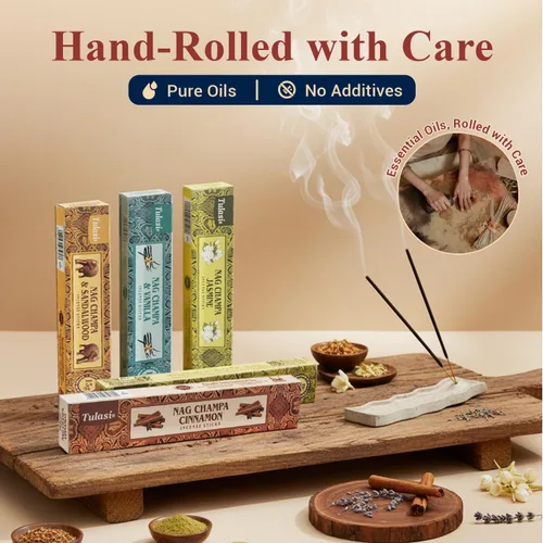 Miniatura 4 de Tulasi Nag Champa - Varitas de incienso surtidas/paquete variado – 180 varillas enrolladas a mano, 12 aromas naturales Sándalo, lavanda, vainilla