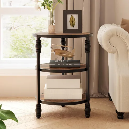 Miniatura 12 de IDEALHOUSE Mesa auxiliar pequeña, mesa auxiliar redonda con 3 estantes para sala de estar, dormitorio, mesita de noche, mesa auxiliar con marco