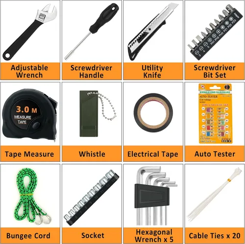 Miniatura 8 de Kit de asistencia de emergencia para automóvil con compresor de aire portátil, cables de puente, martillo de seguridad, todo en uno, juego de Negro
