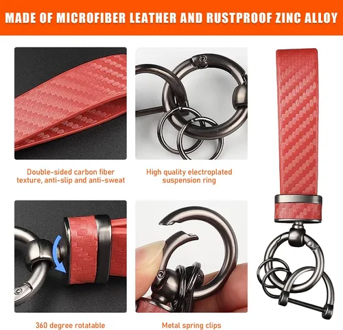 Miniatura 3 de Ziciner Llavero de coche de fibra de carbono, llavero universal de cuero de alta calidad, giratorio de 360 grados con anillo en D antipérdida