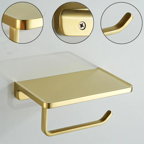 Miniatura 3 de RANDOM Portarrollos de papel higiénico dorado cepillado con estante Soporte de rollo de papel higiénico de metal sólido Gold.RD93008BG Oro cepillado