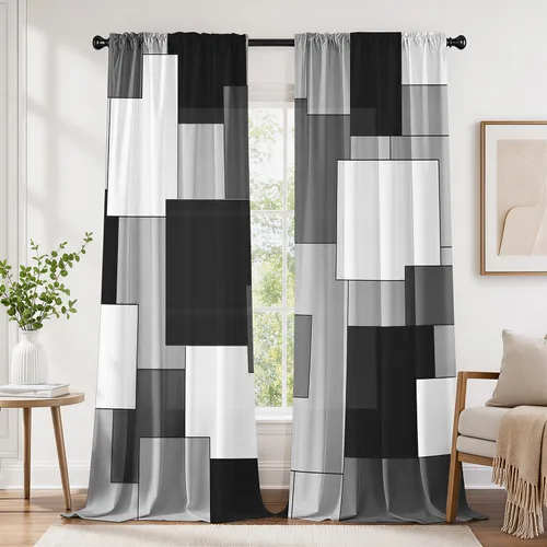 Miniatura 15 de Cortinas negras y rojas para sala de estar, 63 pulgadas de largo, cortinas geométricas modernas, blancas y grises, cortinas abstractas con bolsillo