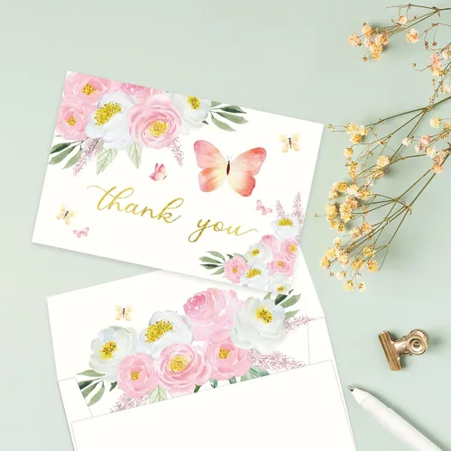 Miniatura 5 de Gooji Tarjetas de agradecimiento florales de color rosa mariposa 4 x 6 con sobres a granel (paquete de 20 sobres a juego), acuarela, fiesta