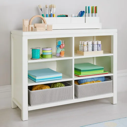 Martha Stewart Crafting Kids - Almacenamiento doble abierto para niños, lino blanco: estantería de madera con contenedores, organizador de