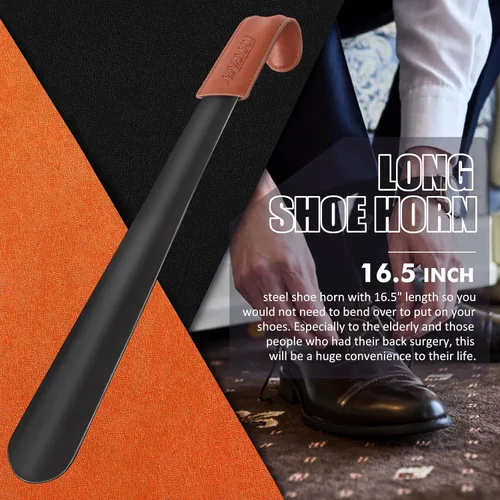Miniatura 2 de NINEMAX Calzador de mango largo para personas mayores, metal, 16.5 pulgadas de largo, cuerno de bota con mango de cuero para hombres y mujeres