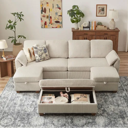 Miniatura 2 de Sofá en forma de U de 102.3 pulgadas con 2 otomanas móviles y 1 mesa auxiliar, se convierte en sofá cama, incluye 2 almohadas para reposabrazos
