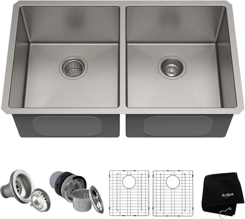 Kraus Standart PRO - Fregadero empotrado de 33 pulgadas con doble tazón 50/50, calibre 16, acero inoxidable, KHU102-33