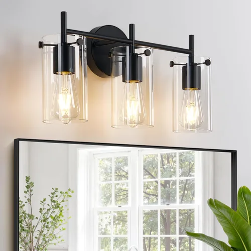 Miniatura 8 de Lámparas de baño de 3 luces actualización 2023, luces de tocador modernas de bronce frotado con aceite con pantalla de vidrio transparente, apliques