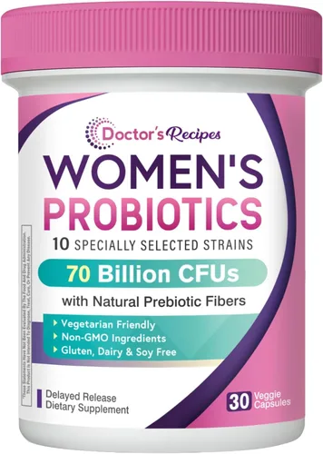 Doctor's Recipes Probióticos para mujeres, prebióticos y probióticos orgánicos, 70 mil millones de UFC, 10 cepas, estable en estante, 30 cápsulas
