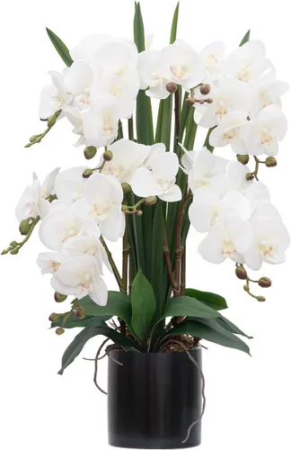 Miniatura 33 de CXGS Planta de orquídeas artificiales de tacto real, orquídeas falsas en jarrón de cerámica, naranja, 19.7 pulgadas, arreglo floral falso