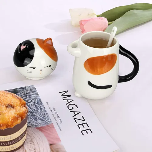 Miniatura 3 de Taza de café grande y bonita de cerámica con tapa y cuchara, divertida taza de gato para mujeres y damas, tazas de café Kawaii 3D únicas de gato