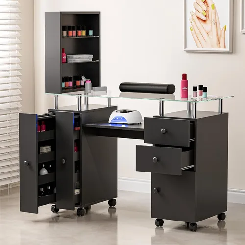 Miniatura 2 de Mesa de manicura con parte superior de vidrio para tecnología de uñas, estación de escritorio resistente a acetona con cajones de almacenamiento