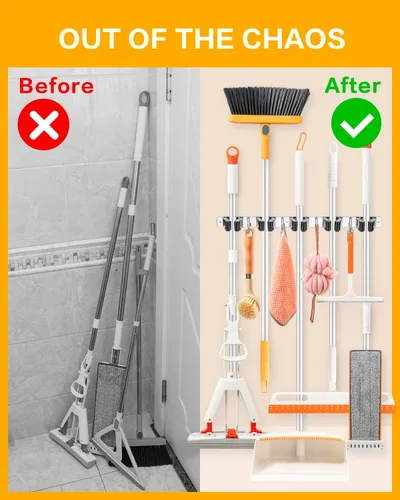 Miniatura 3 de Paquete de 2 soportes de pared para escobas con correa de almacenamiento resistente de 13 pulgadas, 5 ranuras y 4 ganchos, soporte para escoba