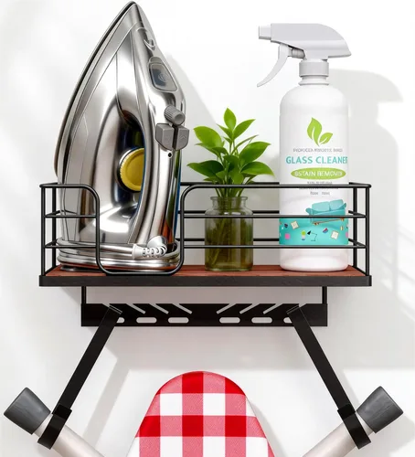 THYGIFTREE Gancho ajustable para tabla de planchar para montaje en pared, se adapta a tablas en forma de T e Y, marco de metal con estante de madera