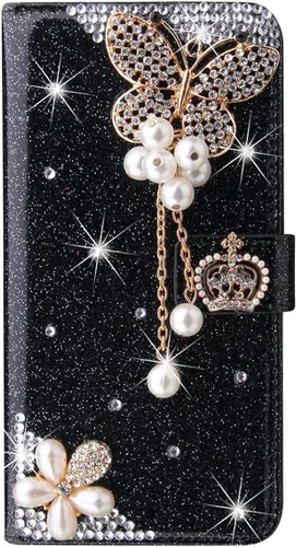 XYX Funda tipo cartera para Samsung Galaxy A32 5G, Bling Glitter Crown Butterfly Diamond Flip Card Slot Luxury Girl Women Phone Cover - Negro