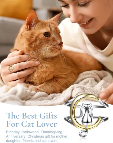 Miniatura 5 de SILVERCUTE Women Cat Ring 925 Sterling Silver 18K Gold Plated Cat on The Moon Cute Wrap Ring Adjustable