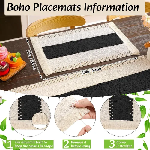 Miniatura 4 de 6 juegos de manteles individuales boho redondos tejidos, servilletas de tela, anillos para servilletas con cuentas de madera, camino de mesa largo