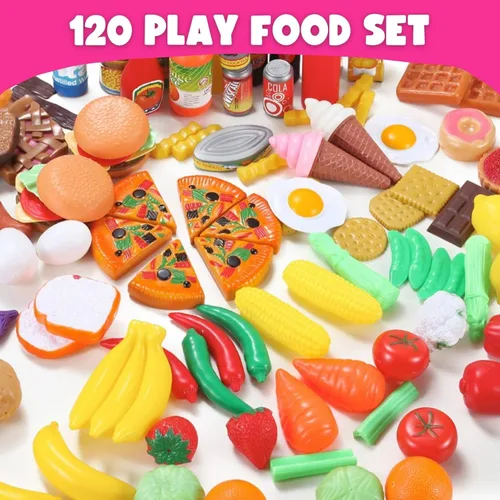 Miniatura 3 de Conjunto surtido de 120 piezas de lujo de juguetes de comida de simulación, golosinas sabrosas de plástico para juegos de cocinar y comprar