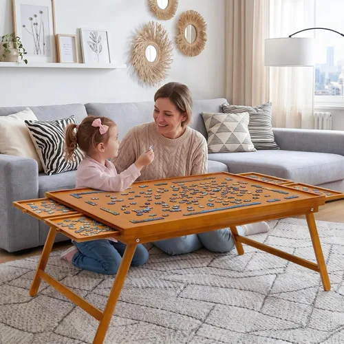 Miniatura 3 de TEAKMAMA Tablero de rompecabezas de madera de 1500 piezas con 4 cajones, mesa de rompecabezas plegable con cubierta protectora, tablero de Marrón
