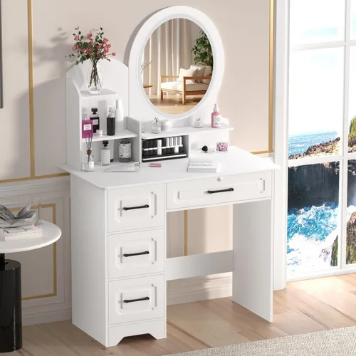 Miniatura 3 de Pequeño escritorio de maquillaje con espejo LED deslizante y almacenamiento oculto, juego de mesa de tocador con cajón de almacenamiento y silla
