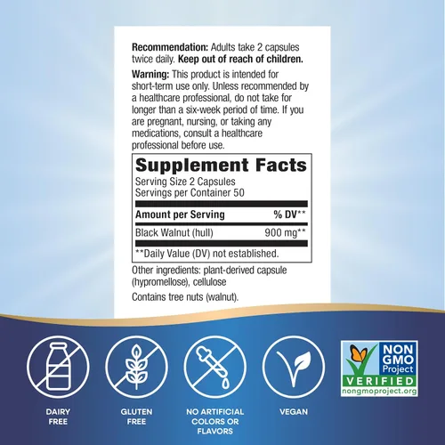 Miniatura 5 de Nature's Way Black Walnut Hulls, tónico tradicional del tracto digestivo*, 900 mg por porción de 2 cápsulas, proyecto verificado sin OMG, vegano